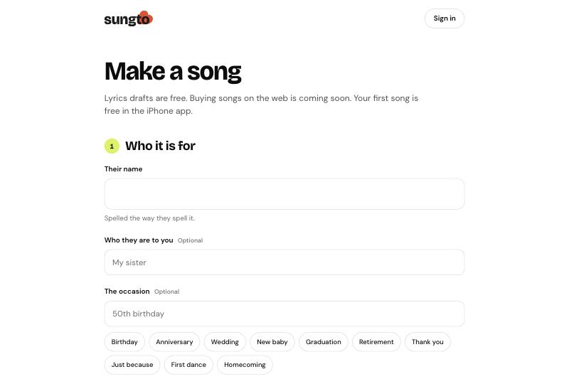 The Sungto song maker in a browser: the form asking who the song is for