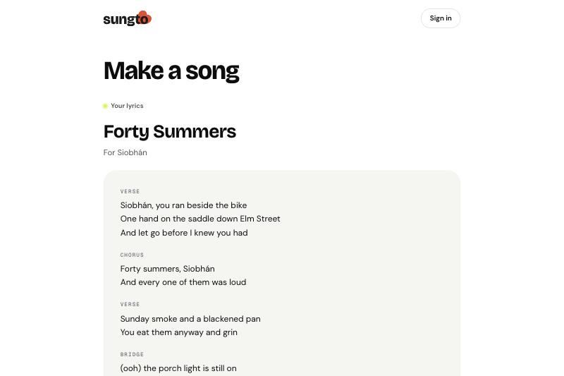 The Sungto song maker showing the lyrics written for a song