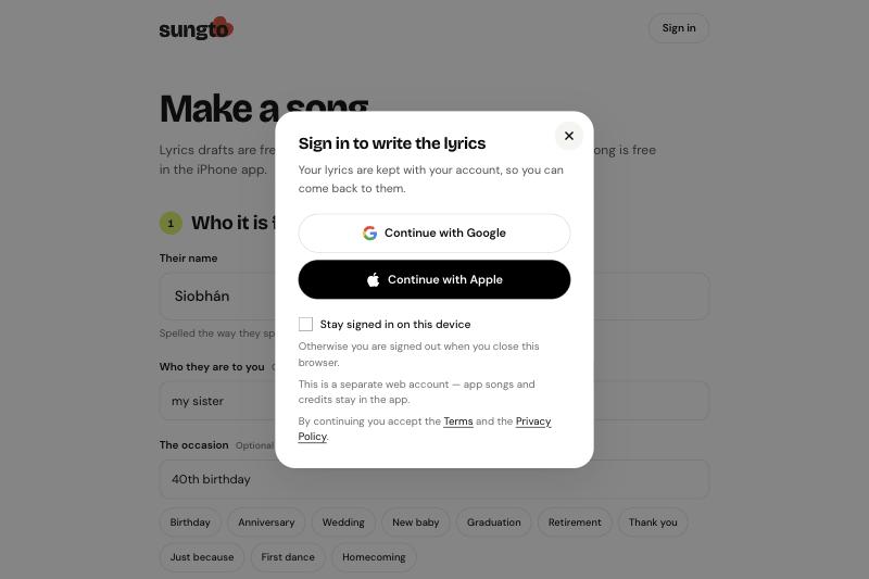 The Sungto sign-in dialog offering Google and Apple